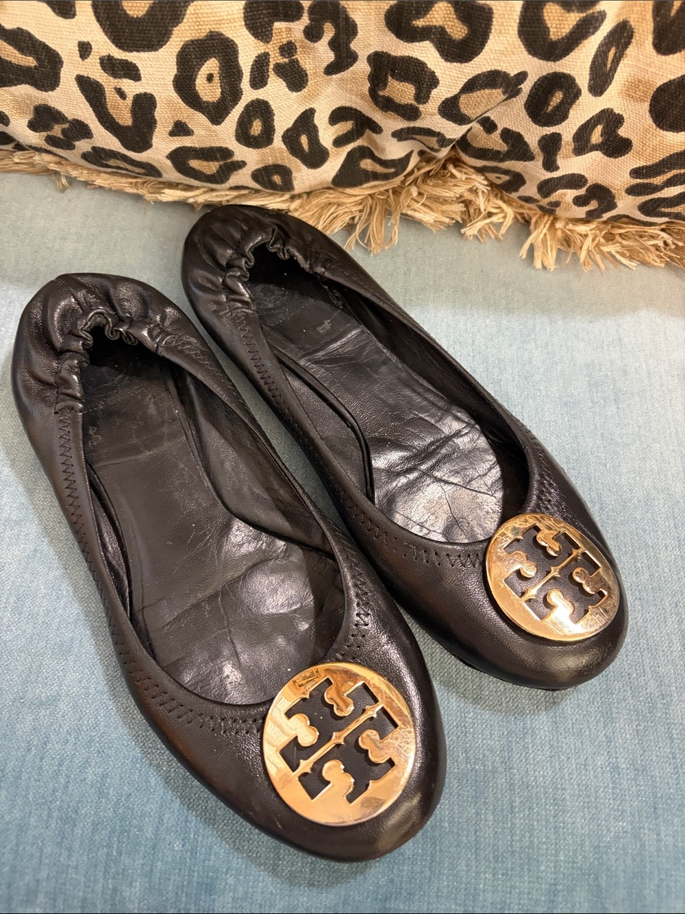 Tory Burch Black Leather Logo Medallion Flats